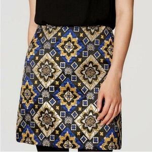 LOFT Women Black Gold Geometric Pattern A-Line Mini Skirt US8P Cocktail Classic